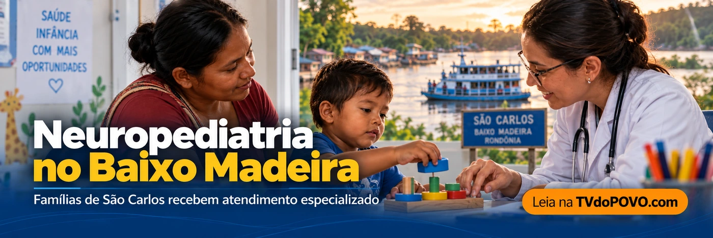 Neuropediatria no Baixo Madeira em arte ilustrativa com criança, familiar e profissional de saúde em ambiente ribeirinho