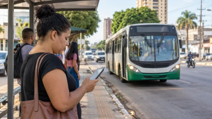 Ônibus em Porto Velho pelo celular Ônibus em Porto Velho com passageira consultando localização e previsão de chegada pelo celular