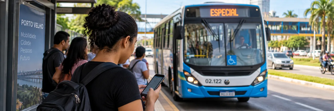Acompanhamento de ônibus em Porto Velho Passageira consulta ônibus em Porto Velho pelo celular enquanto coletivo se aproxima do ponto