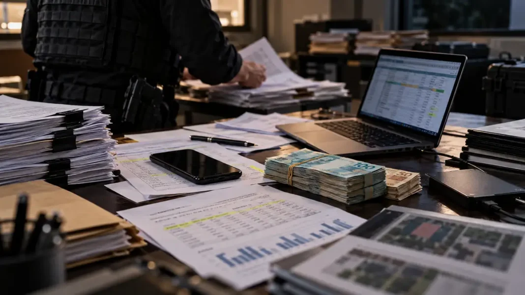 Mesa com documentos, eletrônicos e dinheiro em investigação da Polícia Federal em Rondônia