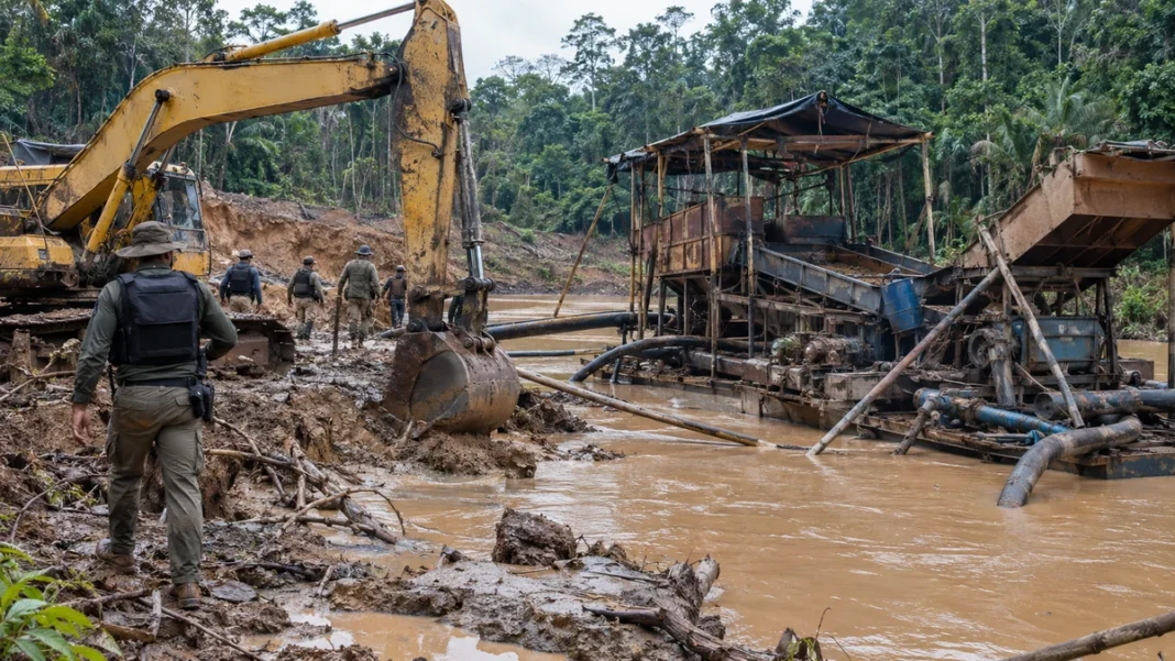 Operação Fornalha inutiliza máquinas de garimpo em terras indígenas Imagem ilustrativa de operação contra garimpo ilegal em área de floresta, com escavadeira, estrutura de mineração e agentes em campo.