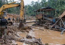 Operação Fornalha inutiliza máquinas de garimpo em terras indígenas Imagem ilustrativa de operação contra garimpo ilegal em área de floresta, com escavadeira, estrutura de mineração e agentes em campo.