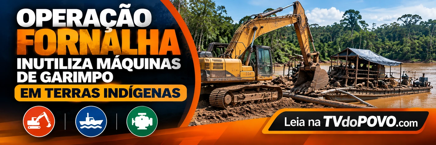 Operação Fornalha contra garimpo ilegal — faixa Faixa da TVdoPOVO sobre a Operação Fornalha, com escavadeira e estrutura de garimpo em área de floresta e assinatura Leia na TVdoPOVO.com.
