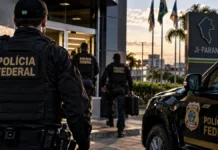 PF cumpre 15 mandados na Operação Página Virada em sete cidades Operação Página Virada ilustrada por agentes e veículo fictícios diante de fachada simulada em Ji-Paraná; imagem gerada por IA, não documental