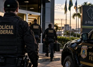 PF cumpre 15 mandados na Operação Página Virada em sete cidades Operação Página Virada ilustrada por agentes e veículo fictícios diante de fachada simulada em Ji-Paraná; imagem gerada por IA, não documental