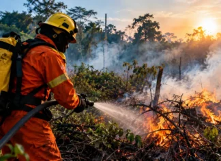 Operação Verde soma 1.781 combates; MPRO acompanha resposta às queimadas Brigadista combate fogo em área de vegetação durante a Operação Verde em Rondônia