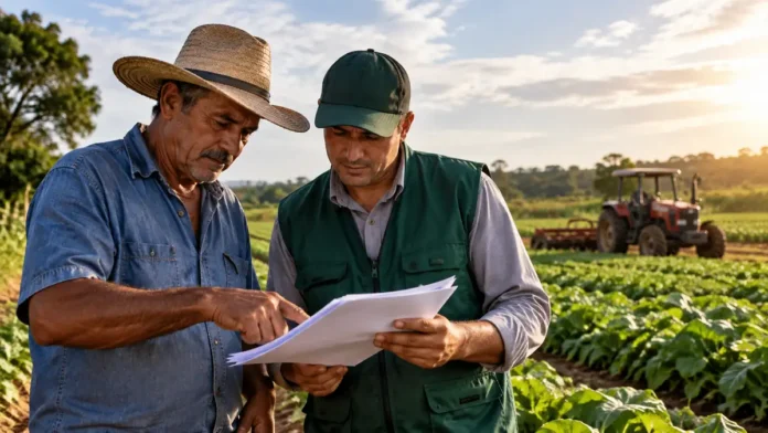 Operações do Pronaf — crédito rural para agricultura familiar Agricultores analisam documentos em lavoura durante atendimento ligado a operações do Pronaf