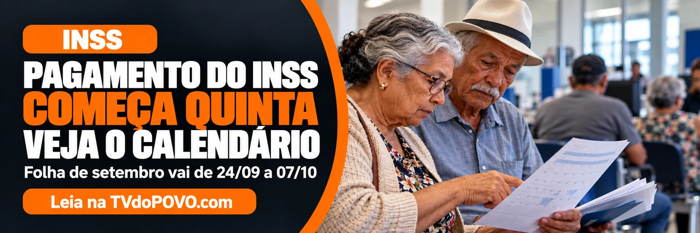 Faixa da TVdoPOVO sobre o pagamento do INSS com destaque para o início nesta quinta-feira e o calendário até 7 de outubro