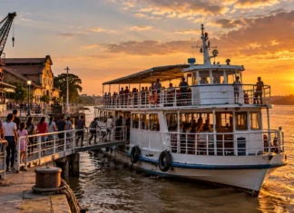 Porto Velho anuncia 1.500 ingressos gratuitos para passeios no Rio Madeira Imagem ilustrativa de embarque em barco de passeio no Rio Madeira ao pôr do sol, perto da Estrada de Ferro Madeira-Mamoré