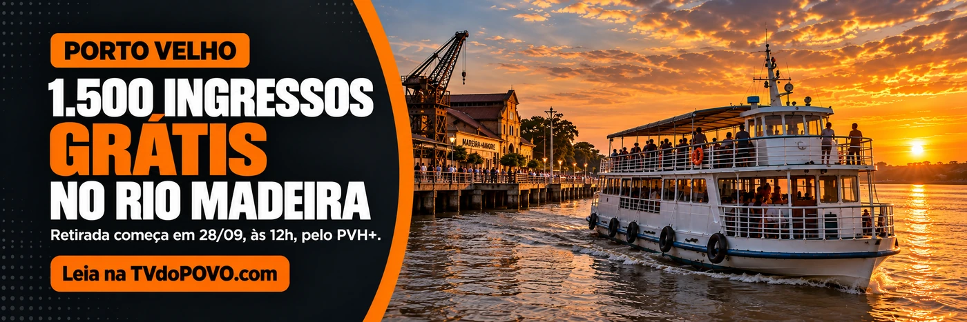 Passeio de barco no Rio Madeira — ingressos gratuitos Arte ilustrativa sobre ingressos gratuitos para passeio de barco no Rio Madeira com retirada pelo PVH+ em 28 de setembro