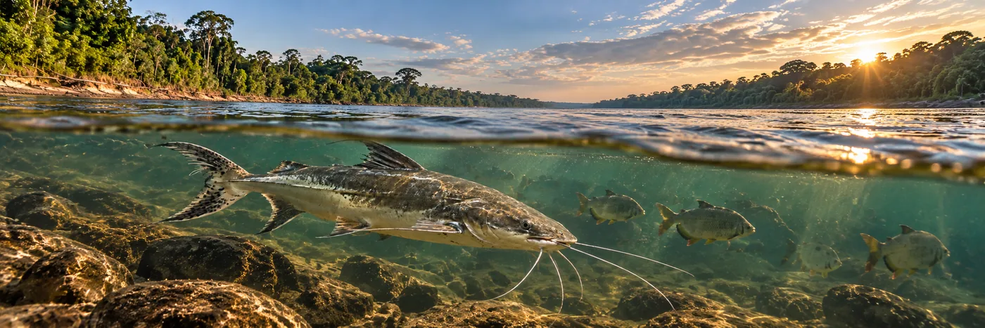 Vida aquática no rio Madeira Dourada e outros peixes do rio Madeira em imagem panorâmica subaquática