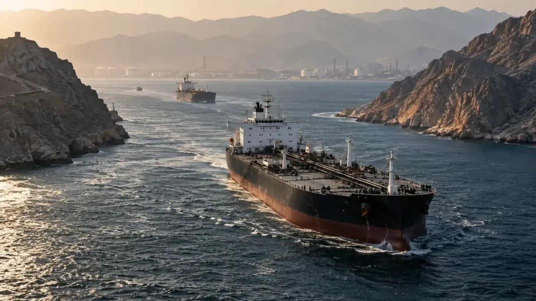 Navio petroleiro cruza corredor marítimo estreito em cenário de tensão ligado ao petróleo Brent Petróleo Brent acima de US$ 100 — corredor marítimo sob tensão