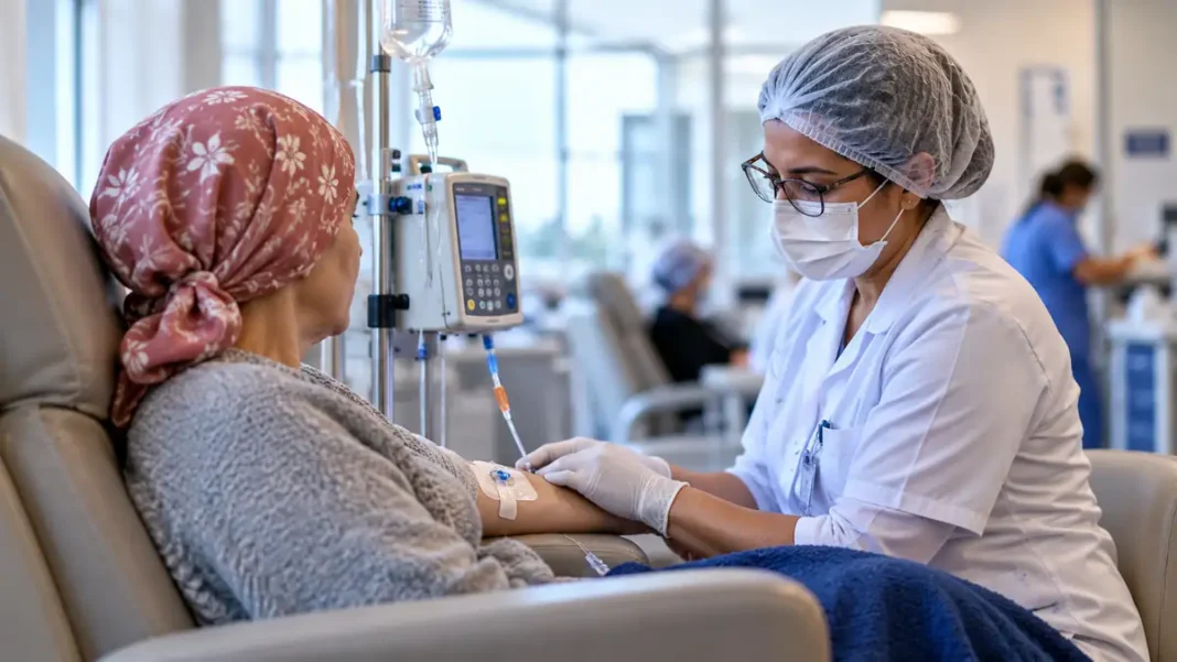 Plano contra o câncer em Rondônia — atendimento oncológico Paciente recebe atendimento em unidade oncológica com profissional de saúde em ambiente hospitalar