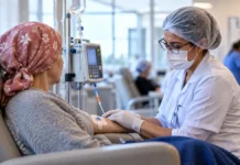 Rondônia publica plano contra o câncer com metas até 2030 Paciente recebe atendimento em unidade oncológica com profissional de saúde em ambiente hospitalar