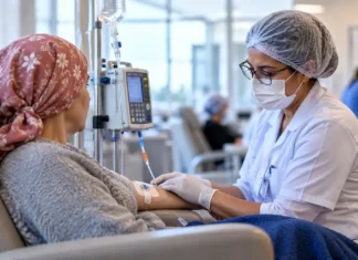 Rondônia publica plano contra o câncer com metas até 2030 Paciente recebe atendimento em unidade oncológica com profissional de saúde em ambiente hospitalar