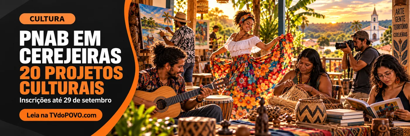 PNAB Cerejeiras — 20 projetos culturais e prazo de inscrição Faixa ilustrativa da PNAB Cerejeiras destaca vinte projetos culturais, inscrições até 29 de setembro e diversas linguagens artísticas
