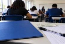 PND 2026: veja horários em Rondônia e prazo do questionário Imagem ilustrativa de sala com participantes e materiais de prova para a PND 2026 em Rondônia