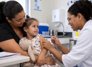SUS supera 1 milhão de crianças vacinadas com a Pneumo 20 Criança recebe vacina em unidade de saúde em referência à Pneumo 20 no SUS