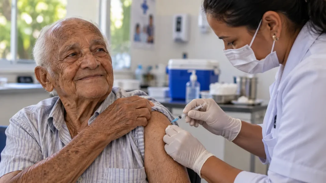 Pneumo 20 para idosos com 85 anos ou mais Pessoa idosa recebe vacina em matéria sobre Pneumo 20 para idosos em Rondônia