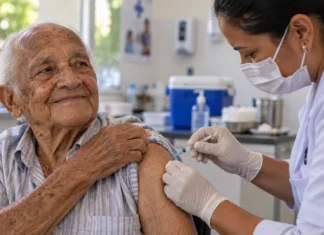 Pneumo 20 é ampliada no SUS para pessoas a partir de 85 anos Pessoa idosa recebe vacina em matéria sobre Pneumo 20 para idosos em Rondônia