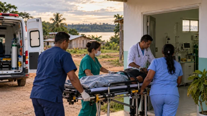 atendimento de urgência na Ponta do Abunã com equipe de saúde e ambulância