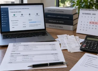Eleições 2026: prestação parcial de contas deve ser enviada de 9 a 13 de setembro Prestação de contas eleitoral 2026 com documentos financeiros, notebook e calendário de setembro