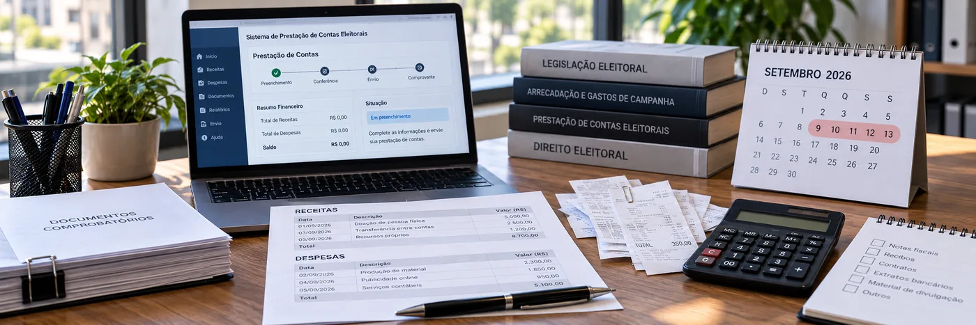 Mesa com documentos, comprovantes e calendário usada para prestação de contas eleitoral 2026