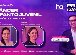 PrevCast #15 aborda sinais de alerta do câncer infantojuvenil Capa do PrevCast 15 sobre câncer infantojuvenil e diagnóstico precoce, com o apresentador e duas convidadas do Hospital de Amor