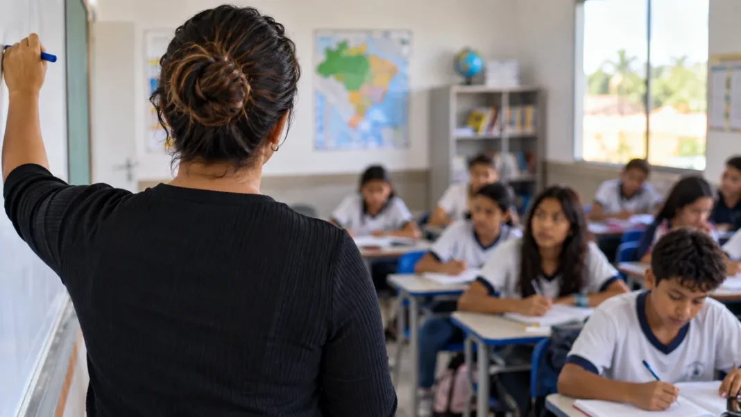 Sala de aula com professora e alunos em imagem de capa sobre processo seletivo Nova União professores