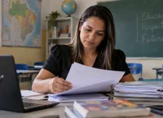 Nova União reabre processo seletivo com 13 vagas para professores Professora analisa documentos em sala de aula em referência ao processo seletivo de Nova União