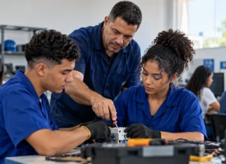 Vencer recebe pré-inscrições em Rondônia até 4 de outubro; veja as regras Cena ilustrativa de instrutor orientando alunos em oficina de qualificação profissional, sobre o Programa Vencer em Rondônia