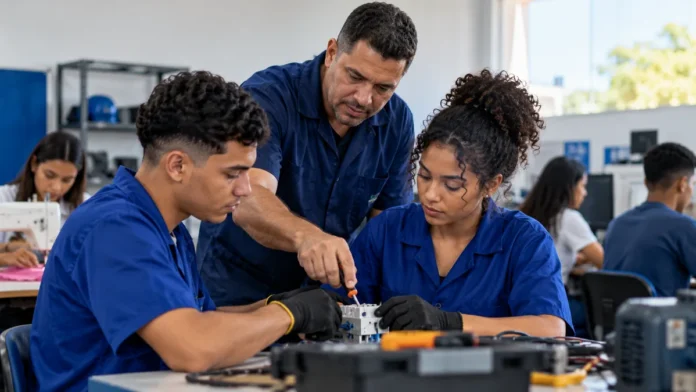 Programa Vencer em Rondônia: qualificação profissional Cena ilustrativa de instrutor orientando alunos em oficina de qualificação profissional, sobre o Programa Vencer em Rondônia
