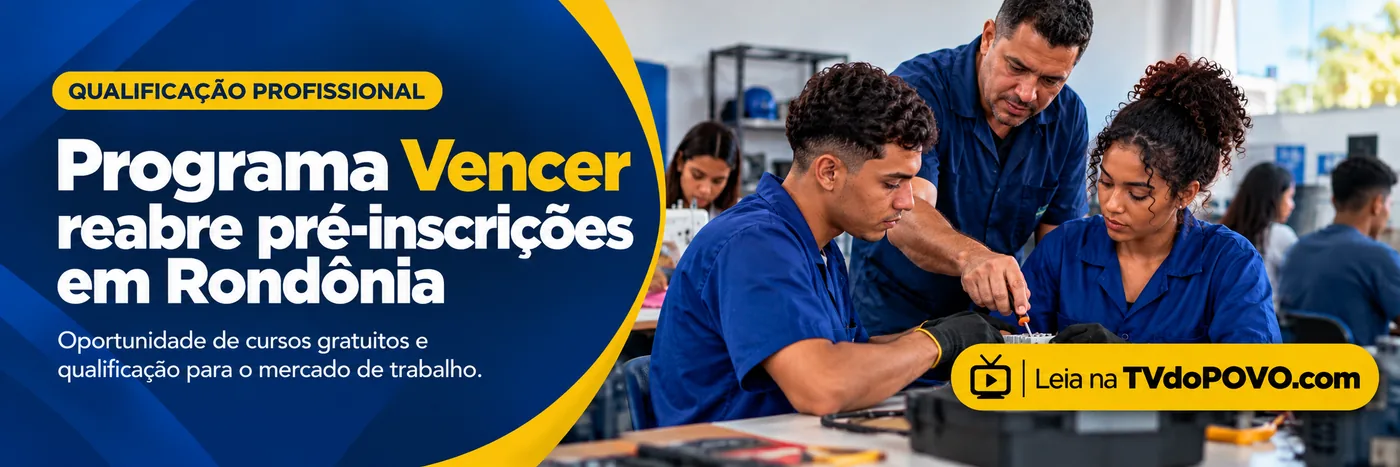 Faixa ilustrativa da TVdoPOVO sobre pré-inscrições do Programa Vencer Rondônia, com alunos e instrutor em oficina