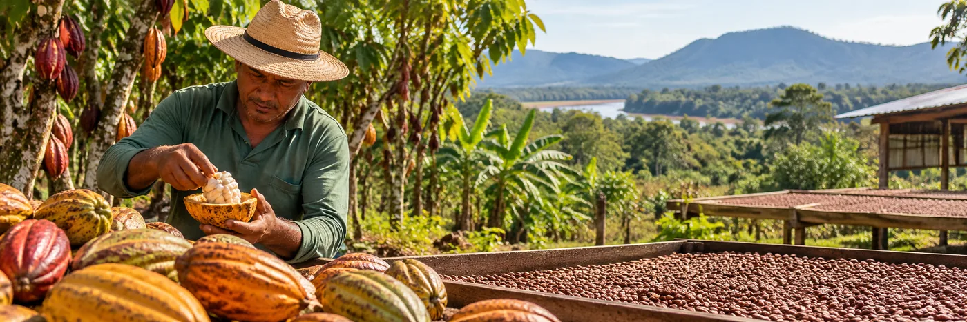 Sociobioeconomia e produção de cacau em Rondônia Produtor de cacau trabalha em área rural de Rondônia com secagem e beneficiamento das sementes