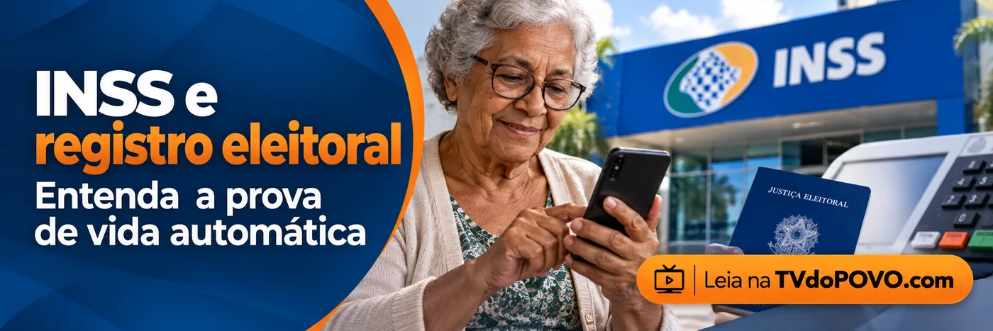 Faixa ilustrativa sobre prova de vida automática do INSS, com pessoa idosa, celular e elementos eleitorais simbólicos