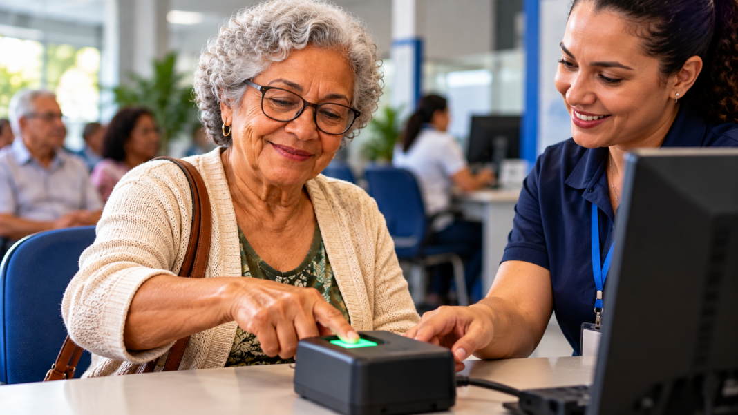 Prova de vida do INSS para quem precisa regularizar Idosa realiza prova de vida do INSS em atendimento com biometria digital.