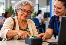 Prova de vida do INSS continua automática; veja quem precisa regularizar Idosa realiza prova de vida do INSS em atendimento com biometria digital.