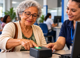 Prova de vida do INSS continua automática; veja quem precisa regularizar Idosa realiza prova de vida do INSS em atendimento com biometria digital.