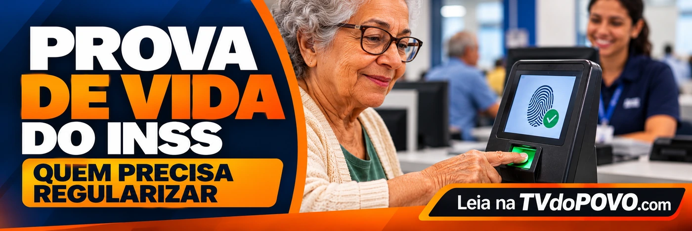 Prova de vida do INSS — quem precisa regularizar Faixa da TVdoPOVO sobre prova de vida do INSS, com beneficiária usando leitor biométrico e assinatura Leia na TVdoPOVO.com.