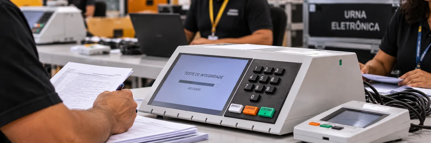 Teste de integridade das urnas eletrônicas em Rondônia Urna eletrônica em teste de integridade com equipe técnica acompanhando documentos e procedimentos eleitorais
