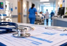 Nova lei cria avaliação de qualidade para hospitais e clínicas particulares Qualidade dos hospitais representada por ambiente hospitalar com estetoscópio e indicadores assistenciais