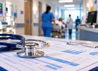 Nova lei cria avaliação de qualidade para hospitais e clínicas particulares Qualidade dos hospitais representada por ambiente hospitalar com estetoscópio e indicadores assistenciais