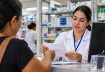 Porto Velho aceita receita particular para retirar remédios da lista municipal Cena ilustrativa de paciente apresentando receita a profissional de farmácia, sobre receita particular no SUS em Porto Velho