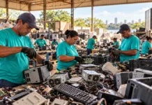 Catanorte inaugura espaço de reciclagem de eletrônicos em Porto Velho Imagem ilustrativa de trabalhadores separando resíduos na reciclagem de eletrônicos em Porto Velho