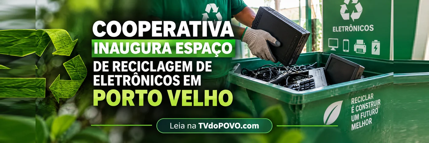 Reciclagem de eletrônicos em Porto Velho — estrutura da Catanorte Faixa ilustrativa sobre reciclagem de eletrônicos em Porto Velho com equipamentos usados e coletor verde