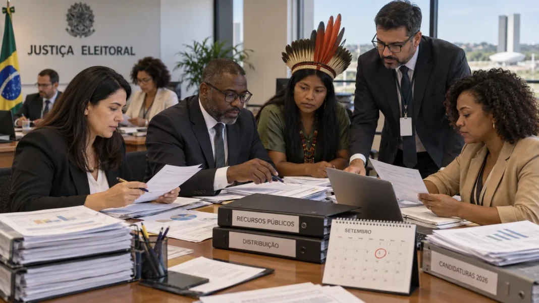 Recursos eleitorais 2026 e prazo de distribuição Equipe analisa documentos sobre distribuição de recursos eleitorais 2026 em ambiente institucional