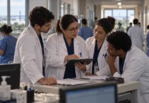 HBAP e Cemetron abrem 44 vagas de residência médica para 2027 Médicos discutem caso clínico em ambiente hospitalar durante rotina de residência médica