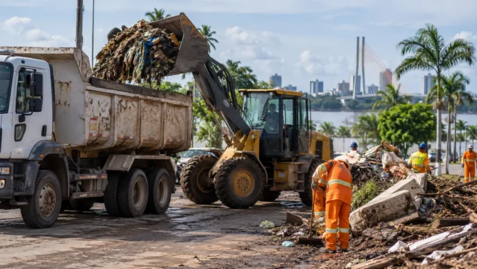 resíduos em Porto Velho durante operação de limpeza urbana com máquina e caminhão