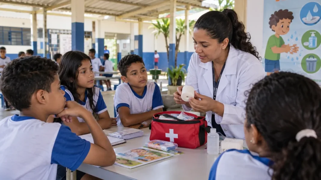 Saúde na Escola em Porto Velho Saúde na Escola em Porto Velho com profissional orientando estudantes sobre primeiros socorros