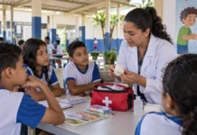 Saúde na Escola alcança 61.215 estudantes em 144 unidades de Porto Velho Saúde na Escola em Porto Velho com profissional orientando estudantes sobre primeiros socorros